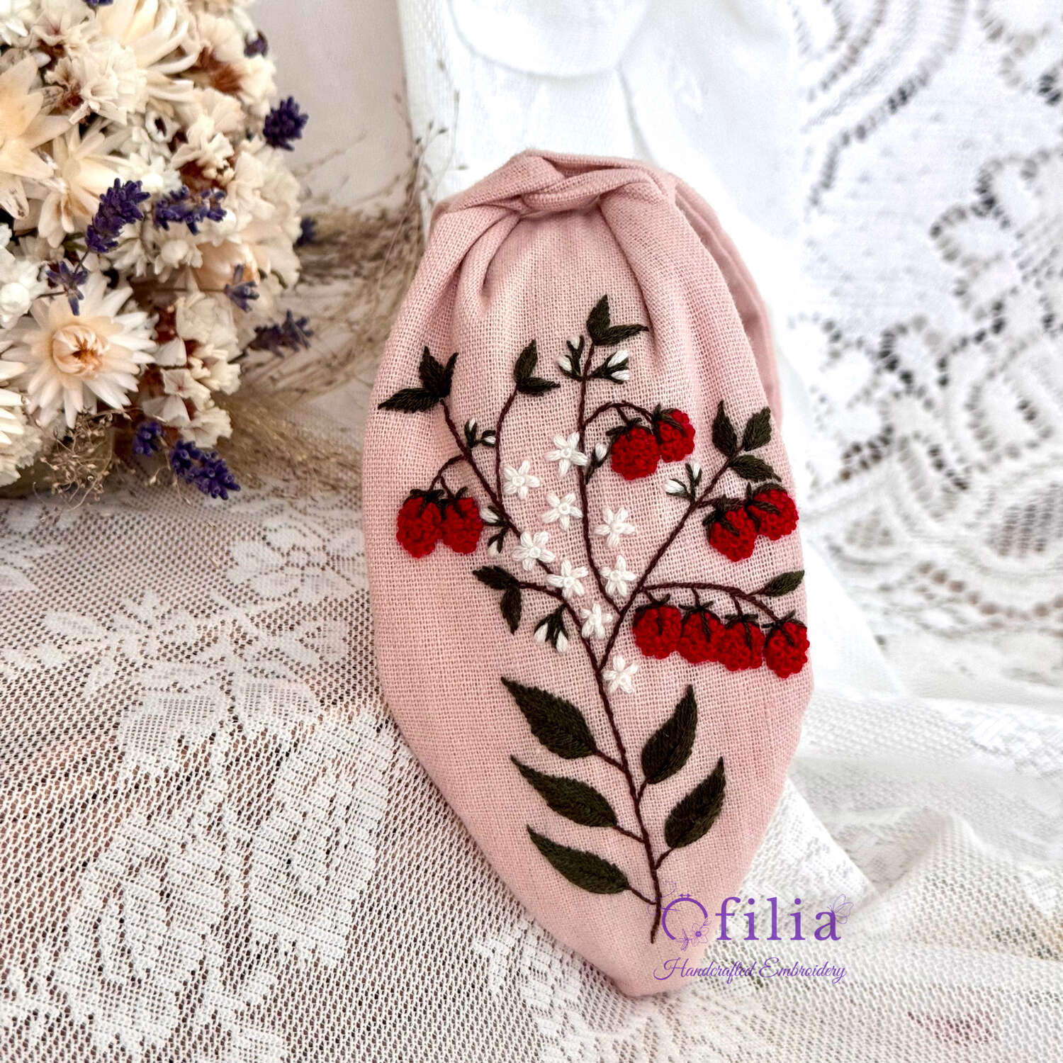 Käsinkirjailtu Vadelma turbaanipanta – Ofilia Handmade